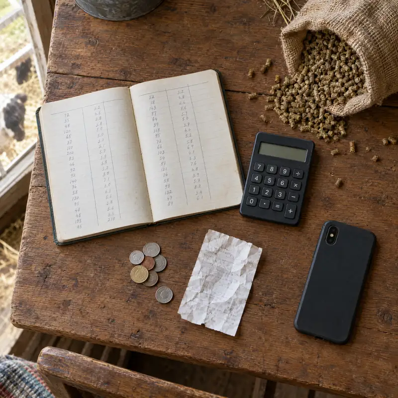 Cuaderno de cuentas, calculadora y saco de alimento sobre una mesa