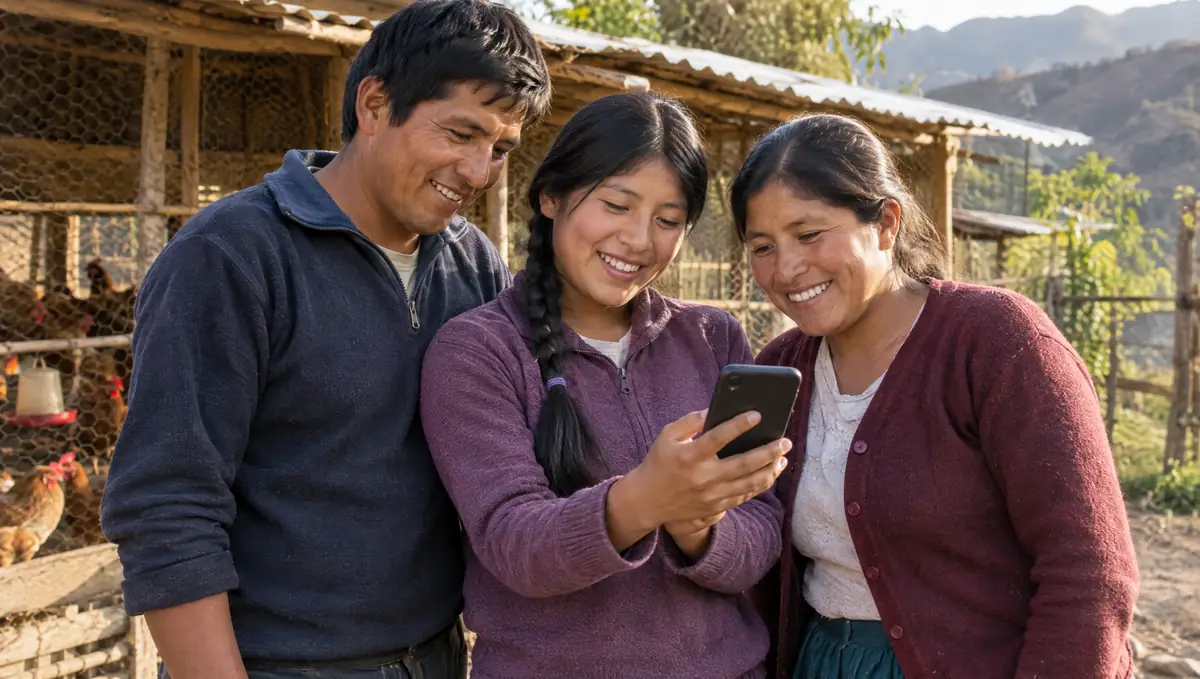 Familia criadora mirando juntos un celular frente a su galpón